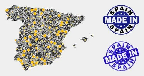 Mosaic Spain Map of Workshop Elements and Made In Grunge Seal Stock Illustration