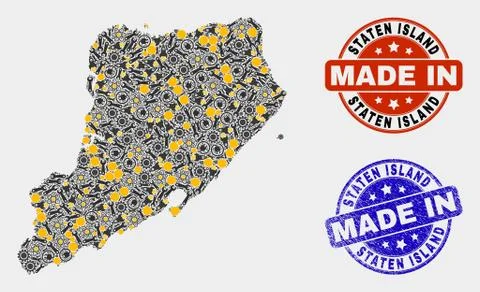 Mosaic Staten Island Map of Technology Elements and Made In Grunge Stamp Stock Illustration