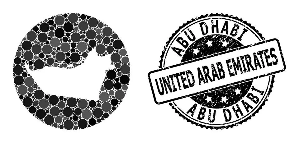 Mosaic Stencil Circle Map of Abu Dhabi Emirate and Scratched Stamp Stock Illustration