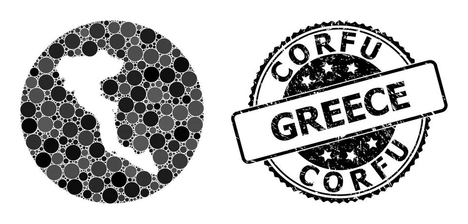 Mosaic Stencil Circle Map of Corfu Island and Watermark Stamp Stock Illustration
