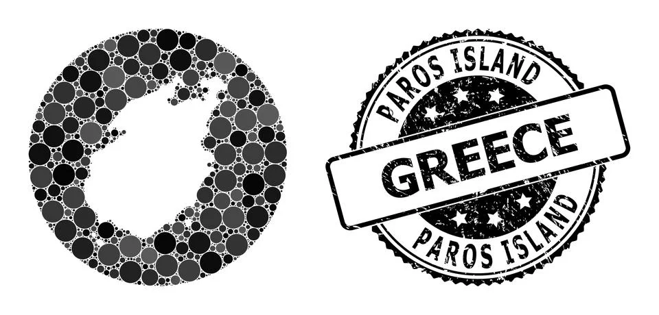Mosaic Stencil Circle Map of Paros Island and Watermark Seal Stock Illustration