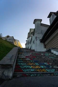 Mosaic steps, bottom-up view, old town. Evening City sunset Stock Photos