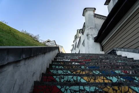 Mosaic steps, bottom-up view, old town. Evening City Stock Photos