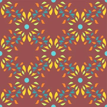 Mosaic Style Repeating Vector Pattern In Yellow, Teal Green And Blue On Maroo Stock Illustration