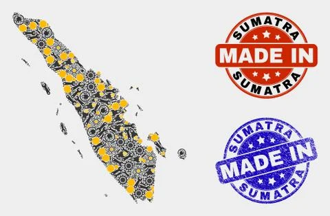 Mosaic Sumatra Map of Production Elements and Made In Grunge Seal Stock Illustration