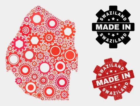 Mosaic Swaziland Map of Cogwheel Elements and Grunge Seal Stock Illustration