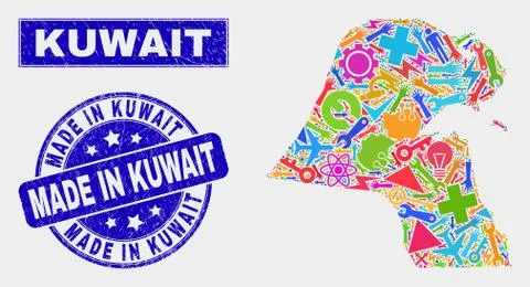 Mosaic Technology Kuwait Map and Grunge Made in Kuwait Stamp Seal Illustrazione stock