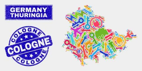 Mosaic Technology Thuringia Land Map and Scratched Cologne Stamp イラスト素材