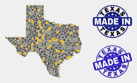Mosaic Texas State Map of Workshop Elements and Made In Grunge Seal Illustrazione stock
