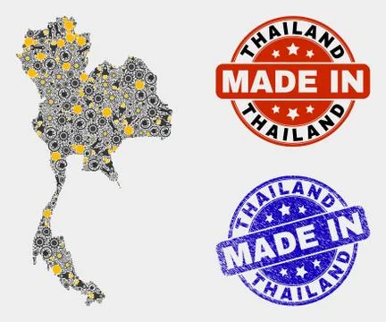 Mosaic Thailand Map of Workshop Elements and Made In Grunge Seal Stock Illustration
