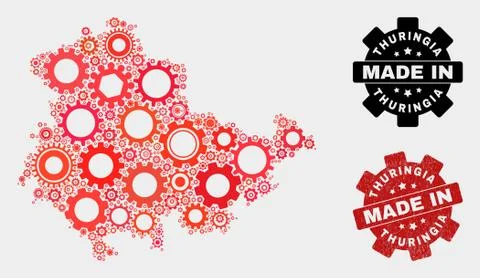 Mosaic Thuringia Land Map of Gearwheel Elements and Grunge Stamp Illustrazione stock