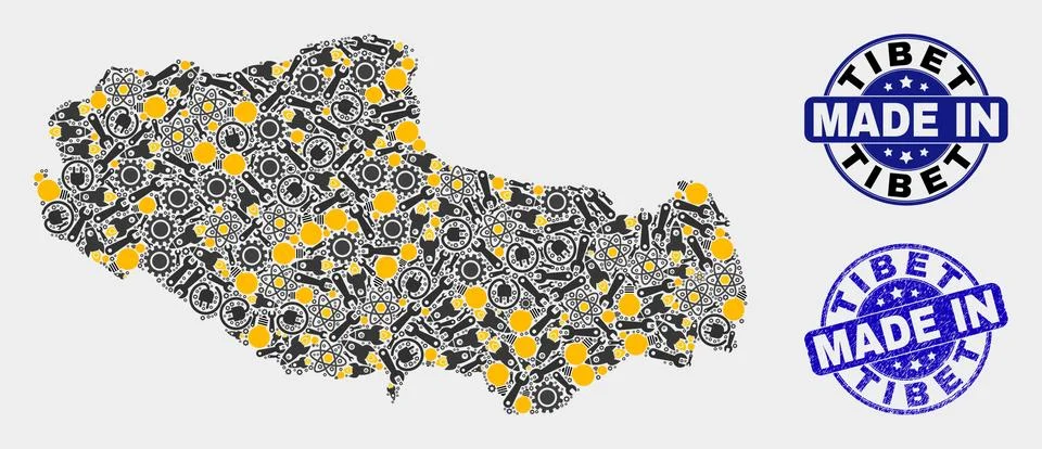 Mosaic Tibet Map of Workshop Elements and Made In Grunge Seal Illustrazione stock