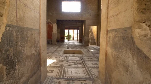 Mosaic Tile Floor Inside Ruins in Pompeii, Italy 스톡 동영상 96189024