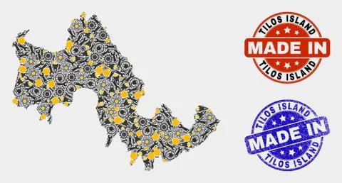 Mosaic Tilos Island Map of Workshop Elements and Made In Grunge Seal Stock Illustration