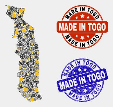Mosaic Togo Map of Production Elements and Made In Grunge Stamp 스톡 일러스트