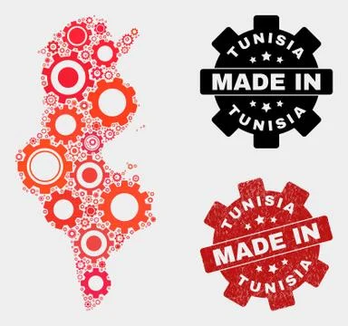 Mosaic Tunisia Map of Gearwheel Elements and Grunge Stamp Stock Illustration