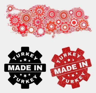 Mosaic Turkey Map of Gearwheel Elements and Grunge Stamp Stock Illustration