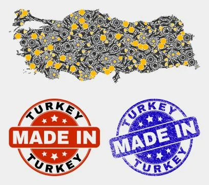 Mosaic Turkey Map of Workshop Elements and Made In Grunge Stamp 스톡 일러스트