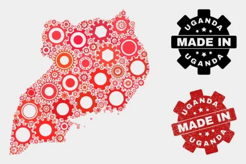 Mosaic Uganda Map of Cog Elements and Grunge Stamp 스톡 일러스트