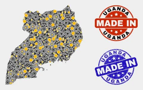 Mosaic Uganda Map of Technology Elements and Made In Grunge Stamp イラスト素材