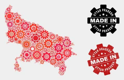Mosaic Uttar Pradesh State Map of Cogwheel Elements and Grunge Seal 스톡 일러스트