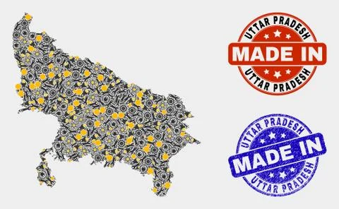 Mosaic Uttar Pradesh State Map of Production Elements and Made In Grunge Stamp 스톡 일러스트