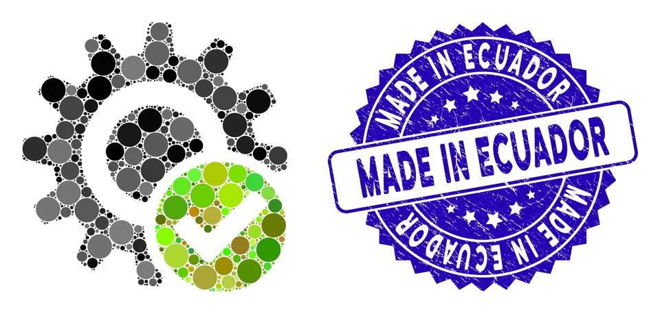 Mosaic Valid Settings Gear Icon with Scratched Made in Ecuador Stamp Illustrazione stock