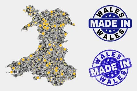 Mosaic Wales Map of Technology Elements and Made In Grunge Stamp Illustrazione stock
