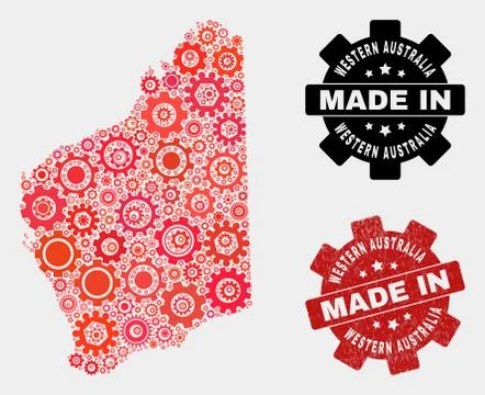 Mosaic Western Australia Map of Gear Elements and Grunge Stamp Stock Illustration