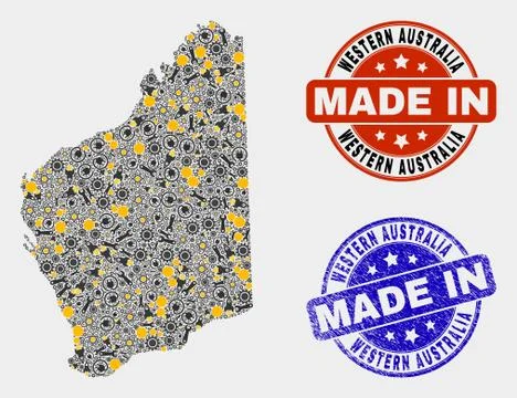 Mosaic Western Australia Map of Workshop Elements and Made In Grunge Seal Stock Illustration