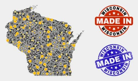 Mosaic Wisconsin State Map of Technology Elements and Made In Grunge Seal イラスト素材