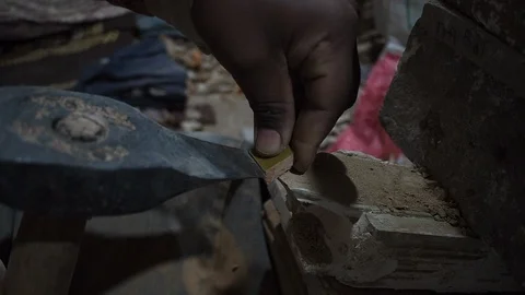 Mosaic Worker Adjusting Size Of Tiles With Pick Axe Stock Footage 100635104