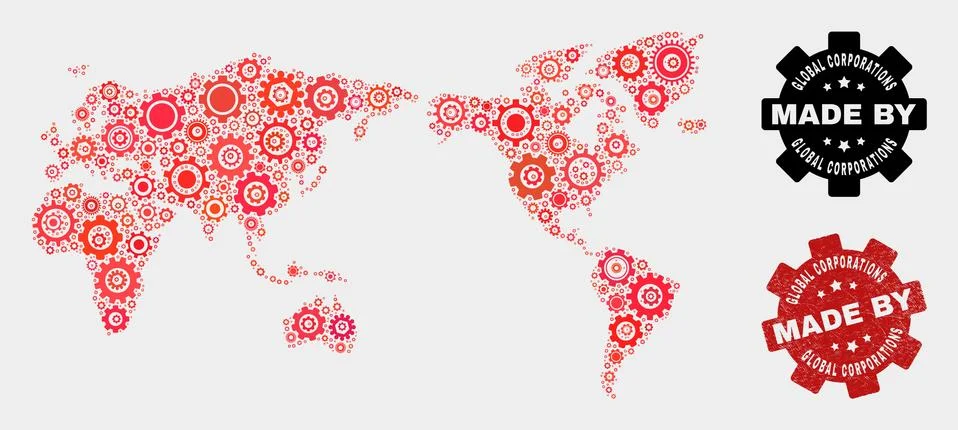 Mosaic World Map of Gearwheel Elements and Grunge Stamp Illustrazione stock