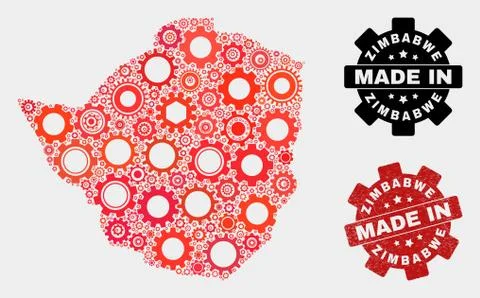 Mosaic Zimbabwe Map of Cogwheel Elements and Grunge Seal Illustrazione stock