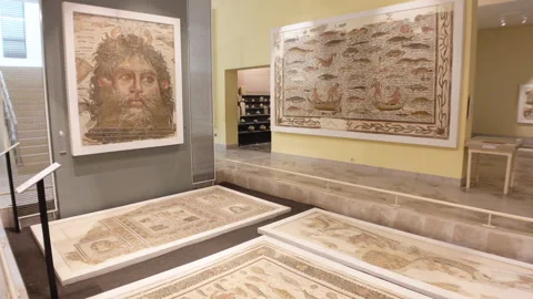 Mosaics inside the Sousse Archaeological Museum, artwork history Tunisia Stock Footage 322983748