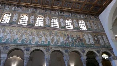 Mosaics on the left side wall of the nave of the Basilica of Sant Apollinare Stock Footage 94166244