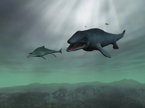 Mosasaurus chasing an Ichthyosaur Stock Illustration