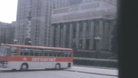 Moscow - 1984: passengers point of view drive on bus in city center streets Stock Footage 240074723