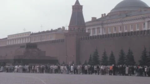Moscow - 1987: tourist move in queue on Red square way to Lenin's Mausoleum Stock Footage 240920789