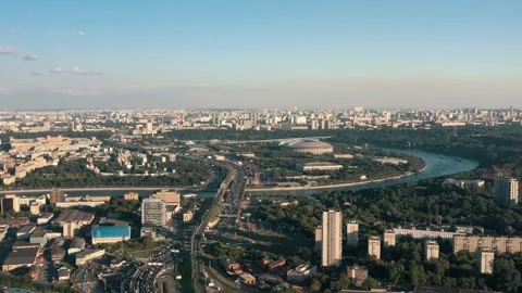 Moscow centre under bright sky in summer, drone fly over city landscape Stock Footage 141736991
