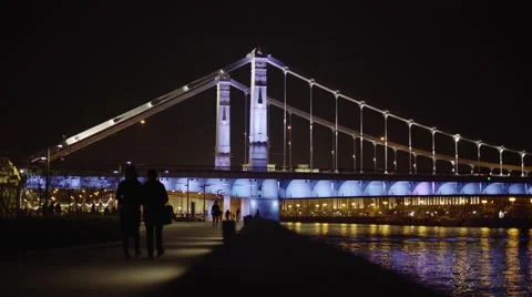 MOSCOW, CIRCA 2016: Highlighted Night Crimean Bridge in Moscow City Stock Footage 64230663
