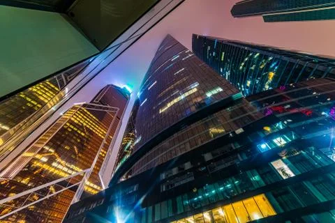 Moscow city. Glowing night view of buildings in Moscow city Stock Photos