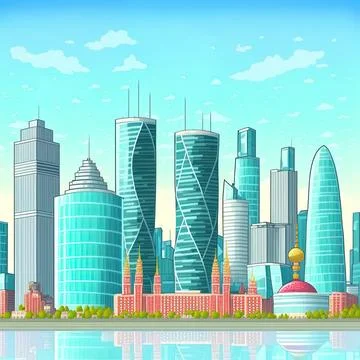 Moscow city skyline cartoon panoramic background with international business Stock Illustration