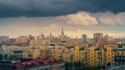 Moscow cityscape, rain clouds moving over gloomy city skyline. 4K UHD timelapse. Stock Footage