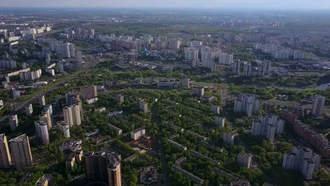 Moscow cityscape south-west district sun light aerial panorama 4k russia Stock Footage