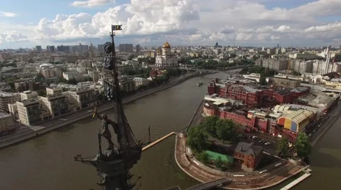 Moscow downtown. Peter the first statue unique Aerial close flight. 4k footage.  Stock Footage 64124425