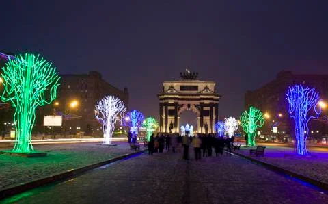 Moscow, electric trees and triumphal arch in christmas Stock Photos