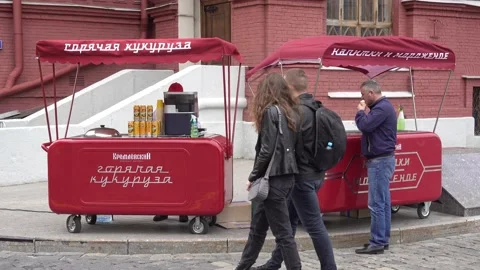 Moscow, hot corn, drinks, ice cream, a kiosk on Red Square. Russia Stock Footage 153962682