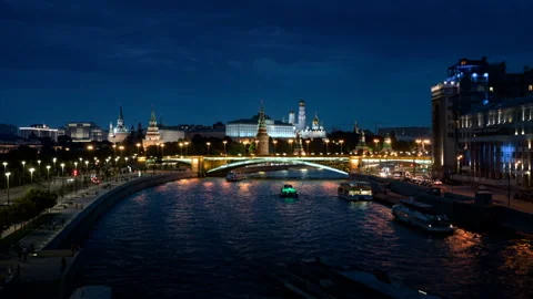 Moscow hyper lapse, night view of the Kremlin  and  Moskva River Stock Footage 93531472