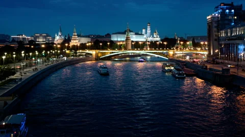 Moscow hyper lapse, night view of the Kremlin  and  Moskva River Stock Footage 94007100